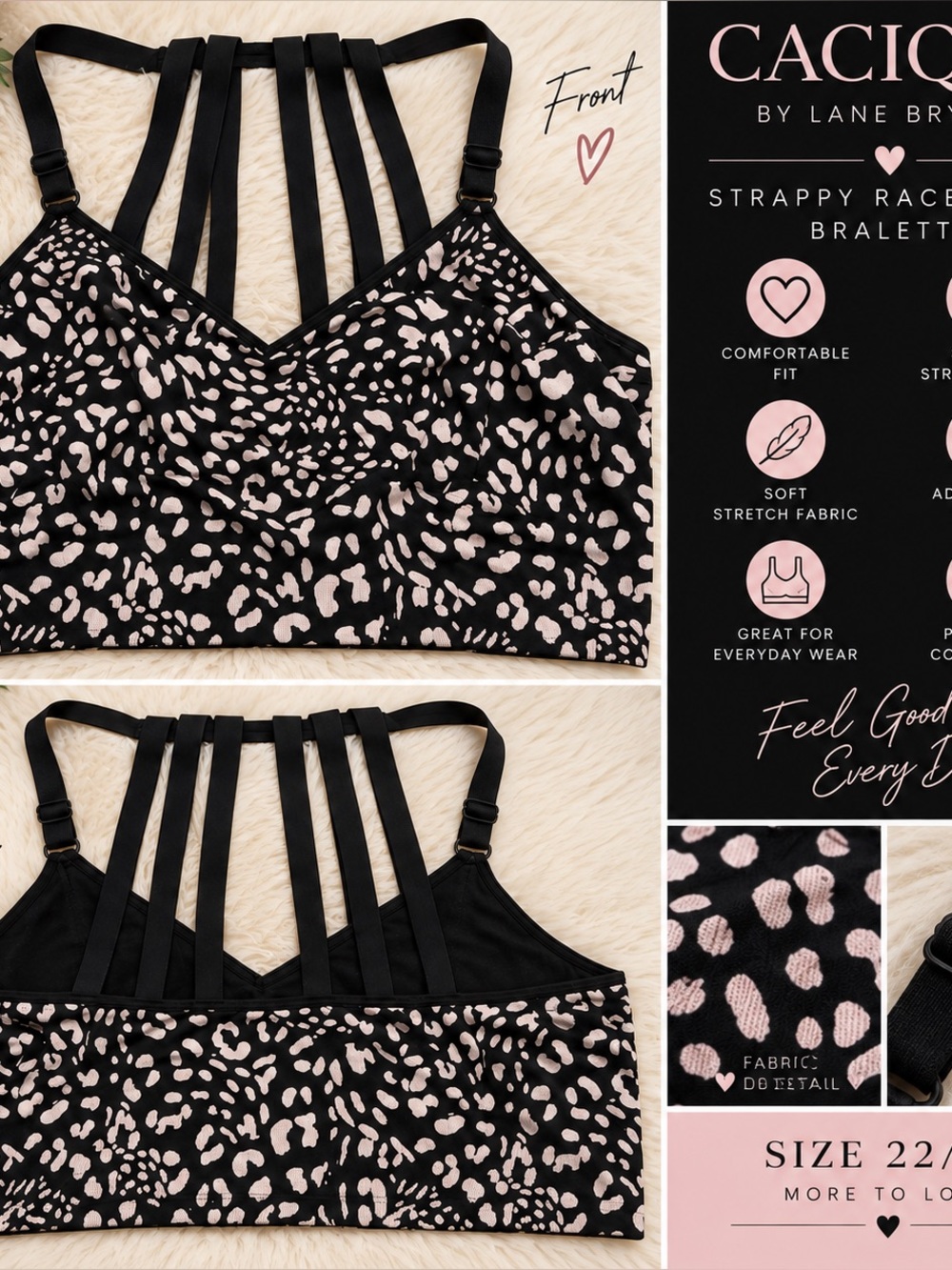 💗 Cacique Black & Light Pink Leopard Print Strappy Bralette 22/24